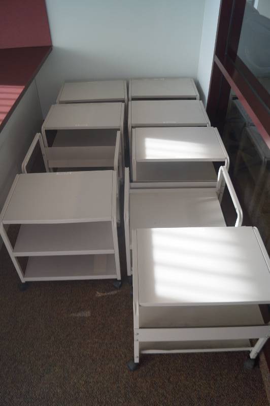 lot 3 image: 9 Metal Office Shelves on Wheels