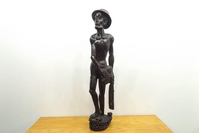 Large Vintage 40.5 Tall Wood Carved Asian Fisherman Statue