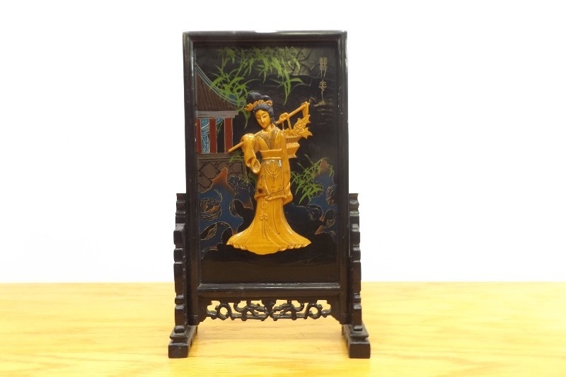 Antique 12 Wood Embossed Lacquered Geisha Placard