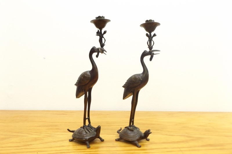 Pair of 12 Antique Bronze Asian Crane Turtle (Tsuru Kame) Candle Holders