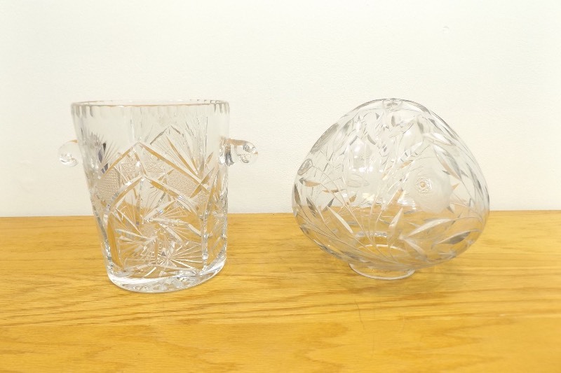 2 LARGE Pieces of Antique Etched Crystal Globe and Ice Bucket