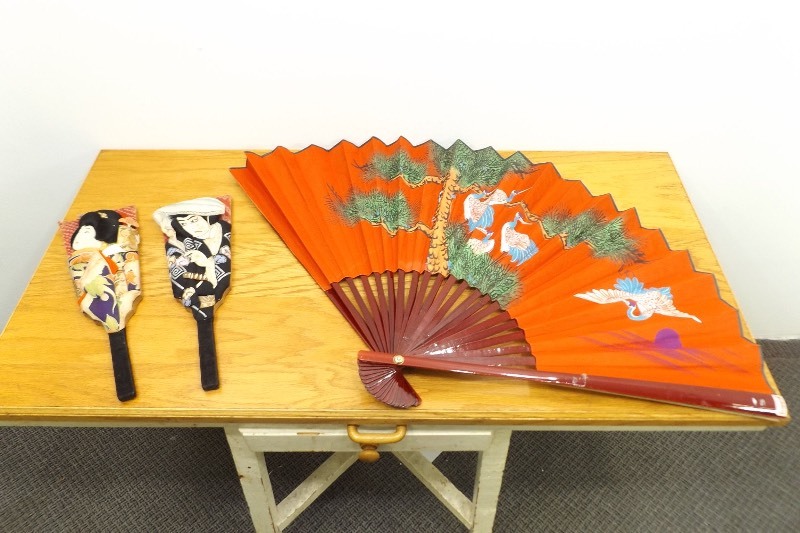 2 Vintage Hagoita Geisha Paddles and an Asian Fan