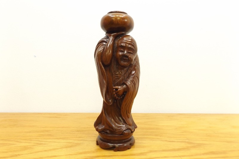 12.5 Tall Dense Wood Carved Shou Lou Lao Statue