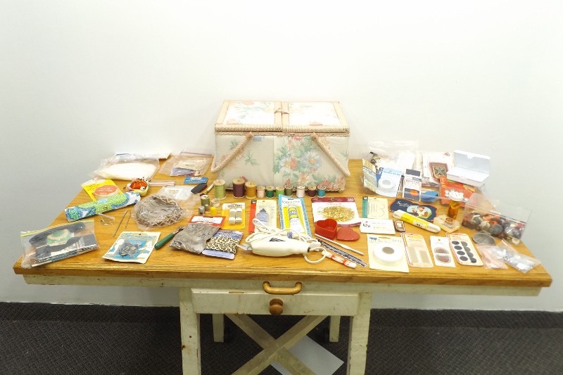 Vintage Sewing Basket Filled with Misc Vintage Sewing Necessities