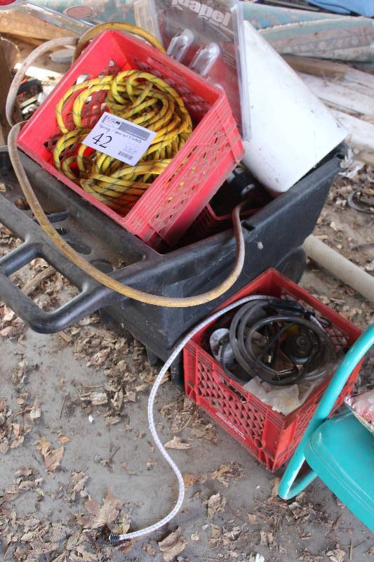 lot 42 image: Yard Cart & Contents Includes Ropes, Baskets, And More