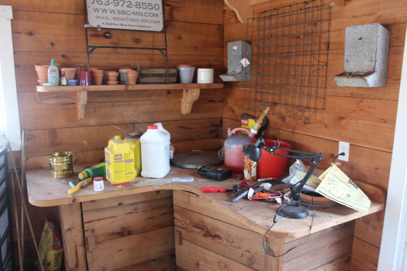 lot 90 image: Shelf Lot Includes Garden Pots, Chemicals, Gas Can, And More