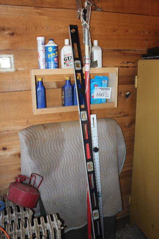 lot 100 image: Corner Lot Includes Pole Saw, Level, Shelf