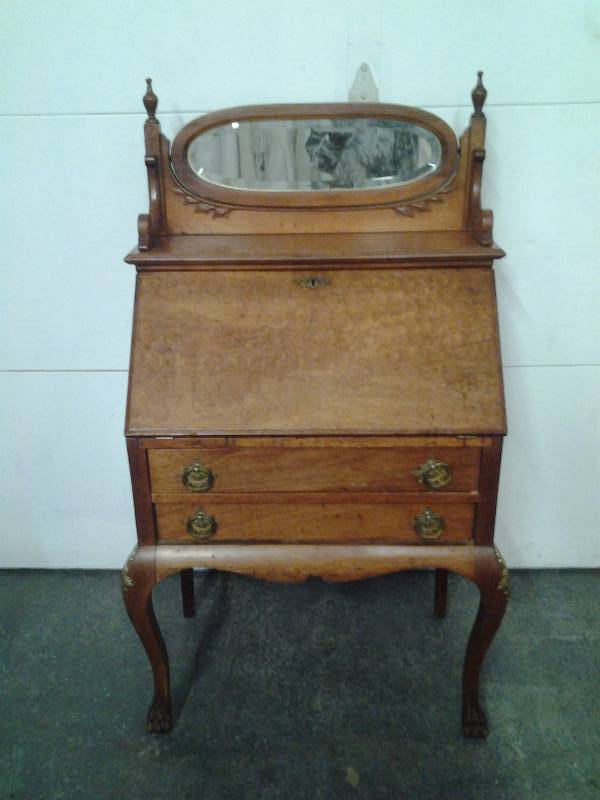 Antique Secretary Drop Front Writing Desk With Beveled Mirror Top
