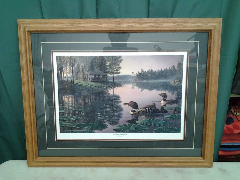 lot 12 image: Framed Loon Print -Northern Tranquility- By Kim Norlien 27x21