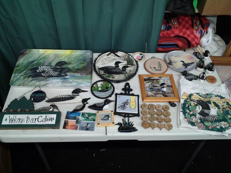 lot 15 image: Lot Of Loon Decor (Trivets, Tray, Apron, Salt & Pepper, Plates, Magnets, More)