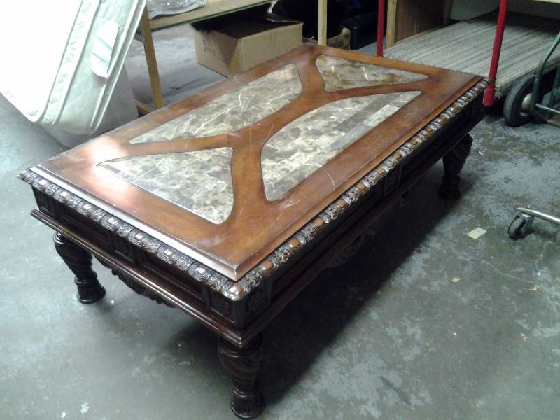 lot 34 image: Heavy Wood & Stone Coffee Table 56x34x20 (Bring Help To Load This Item)