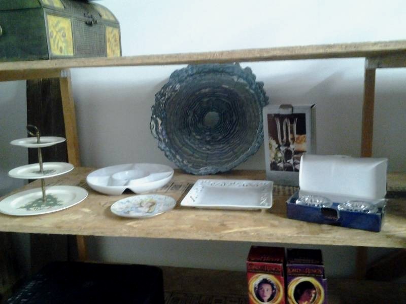 lot 50 image: Blue Glass BowlDish 19 Inches, Tiered Dish, Divided Dish, Goblets, Candle Holders, Misc