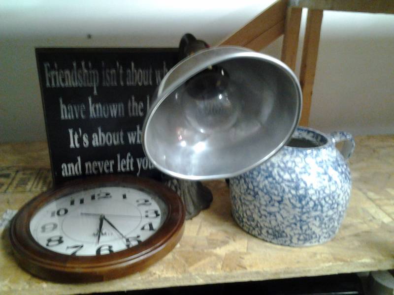 lot 52 image: Metal Base Lamp, Clock, Friendship Sign, Crock No Lid