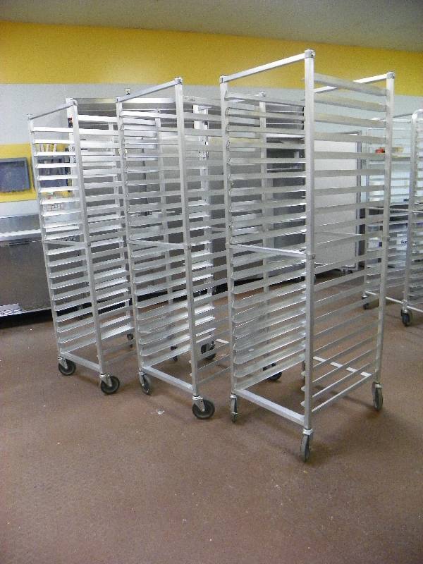 3 tall breadbakers rack carts on wheels, no trays. 20.5 wide x 69 tall x 26 deep