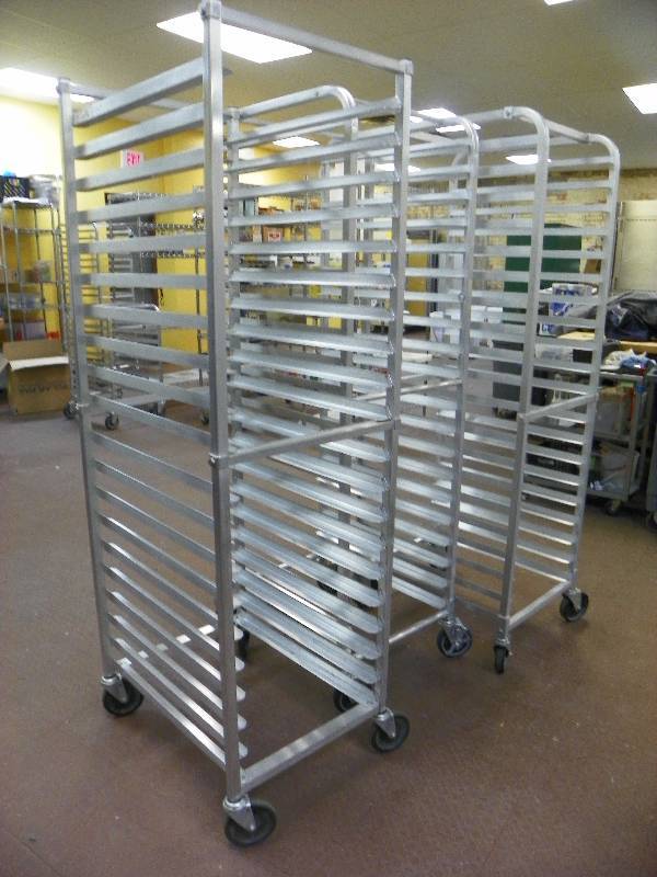 3 tall breadbakers rack carts on wheels, no trays. 20.5 wide x 69 tall x 26 deep