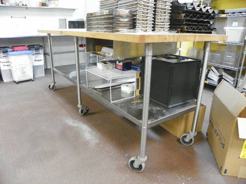 Boos Block butcher block top station table on wheels, stainless shelf. 8 long x 40 tall x 36 deep