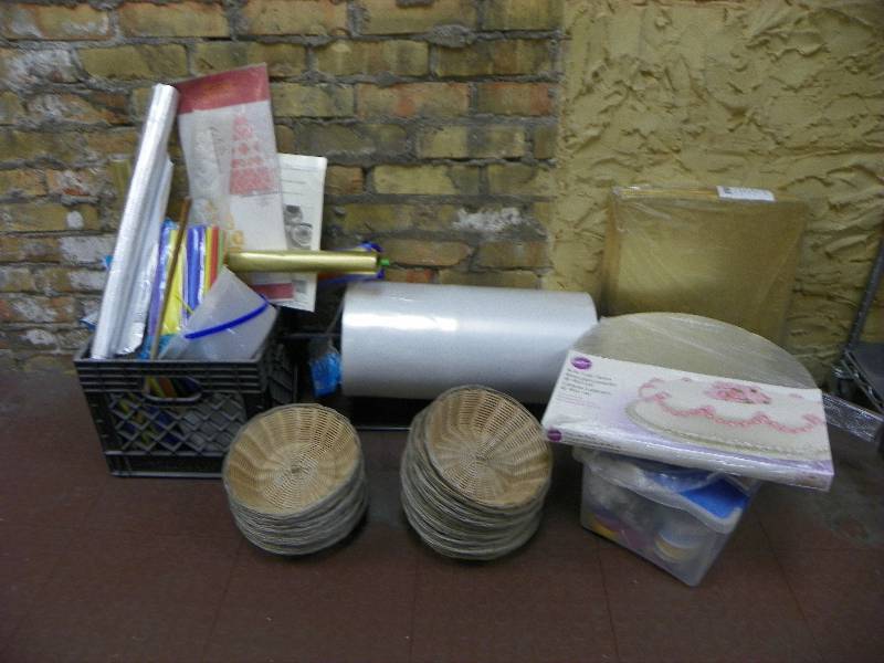 kitchen items, baskets, cardboard cake bases