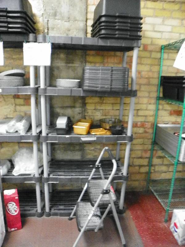 kitchen items, Shelving unit and contents, storage bins and small step stool ladder. 36 wide x 18 deep x 6 tall, Rubbermaid