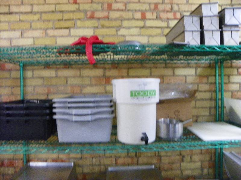 kitchen items, storage bins and small step stool ladder. Items on the shelves only, NOT the shelves