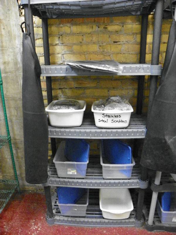 Kitchen items, Shelving unit and contents of shelves. 36 wide x 18 deep x 6 tall, Rubbermaid