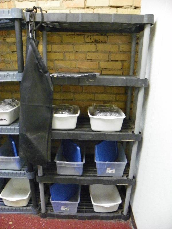 Kitchen items, Shelving unit and contents of shelves. 36 wide x 18 deep x 6 tall, Rubbermaid