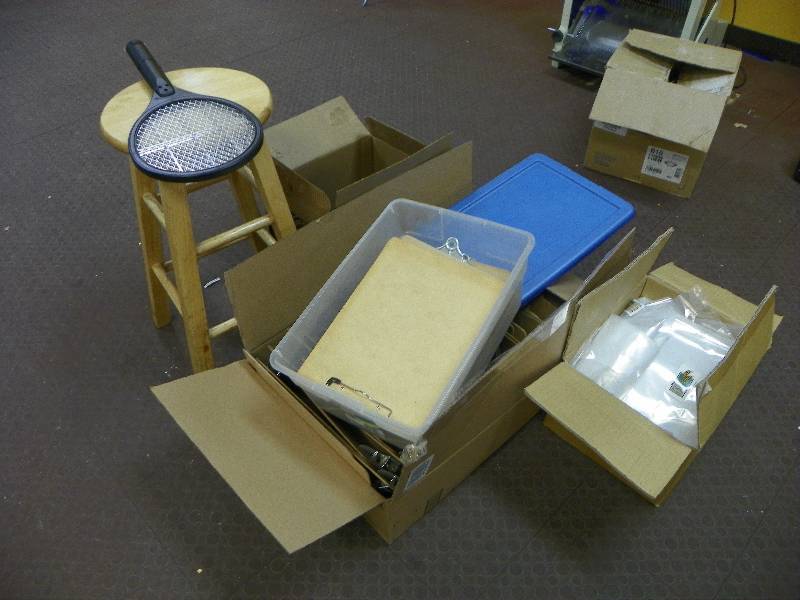 kitchen items, misc assortment of items, clip boards