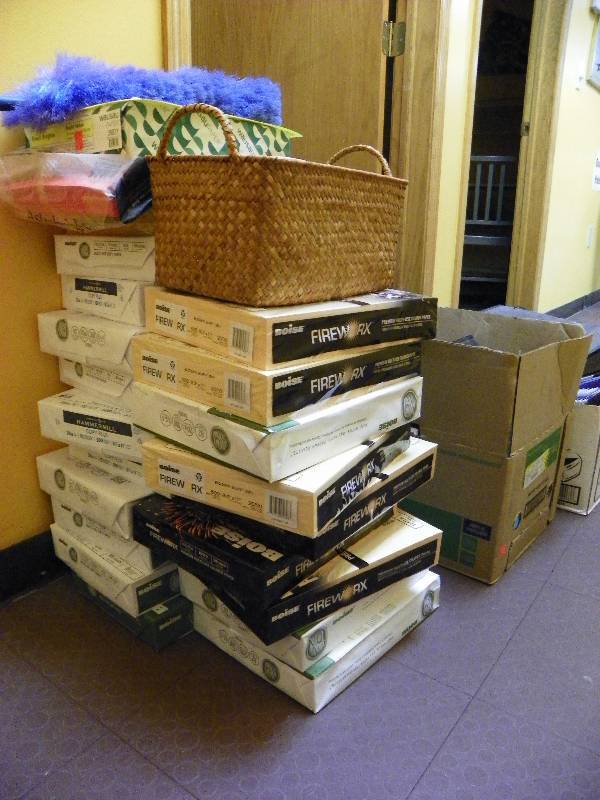 Office supplies, paper, binders, tape