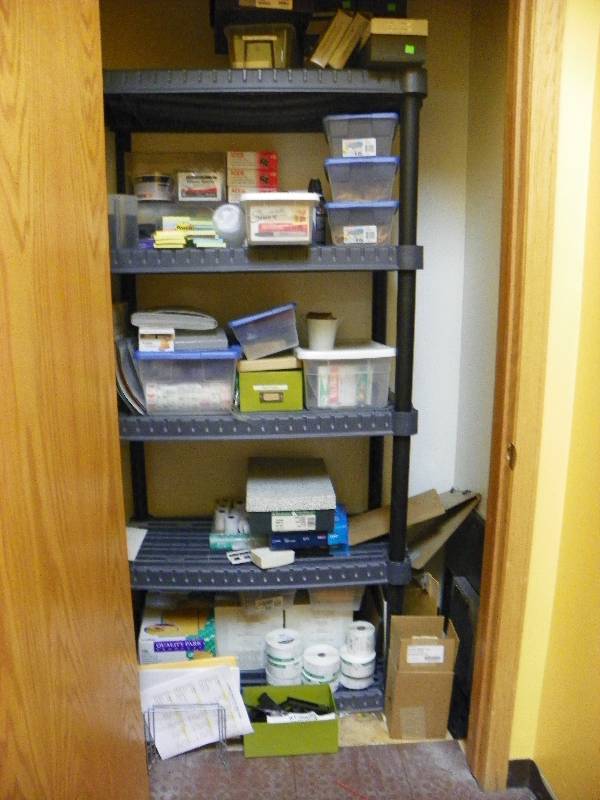 Shelving Unit and Contents of closet, office supplies