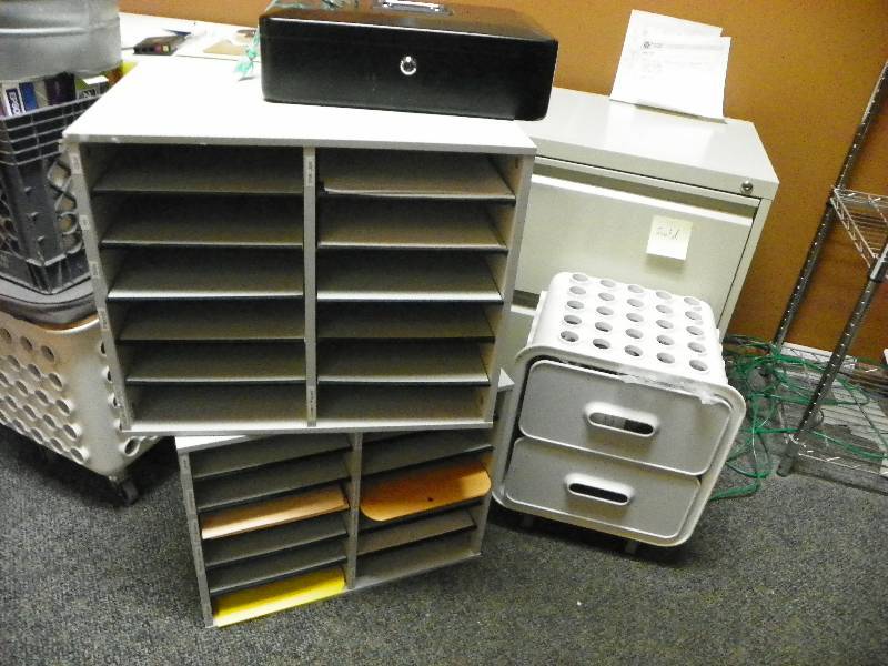 Office supplies, several slot organizer, small cart on wheels and contents