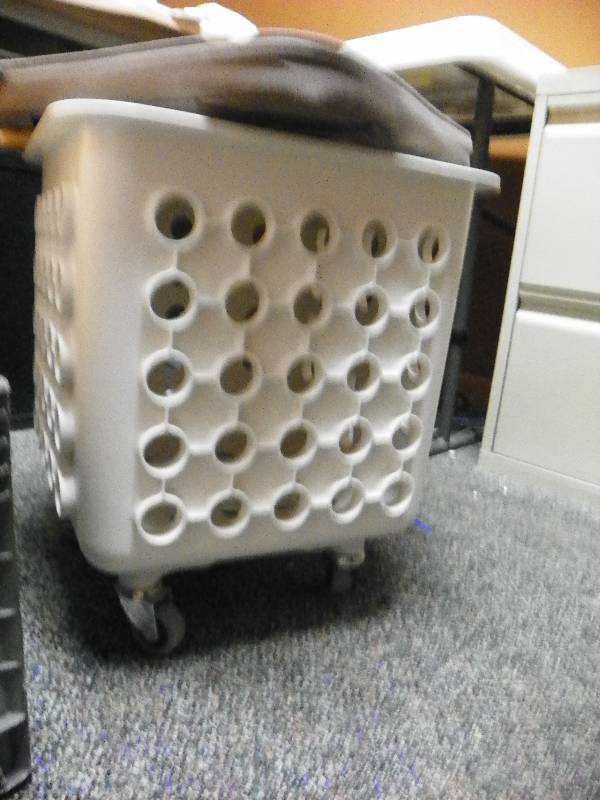 Office supplies, paper, small cart on wheels