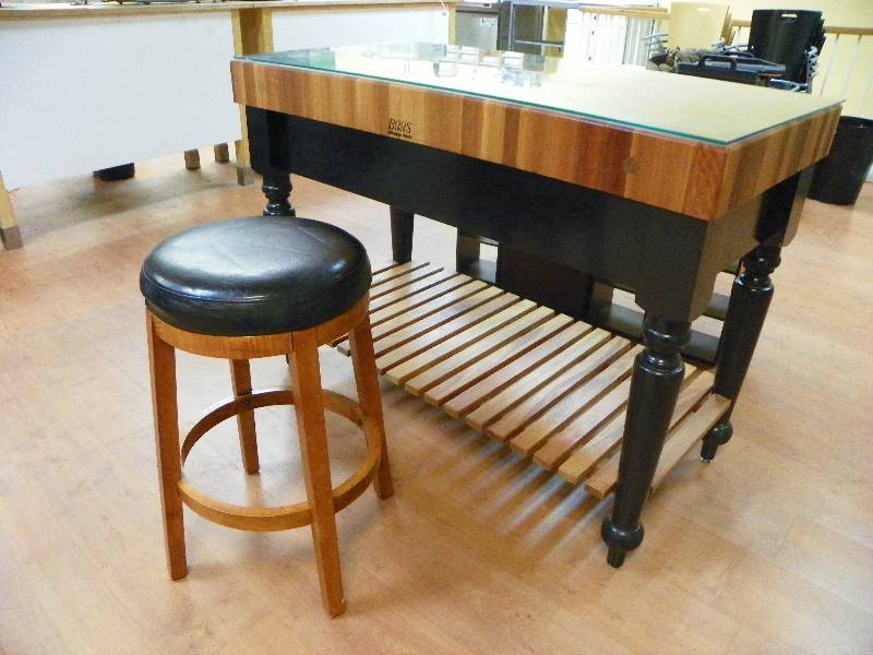 Boos Lock butcher block top station table or island piece. Two drawers and wood shelf. One bar stool.