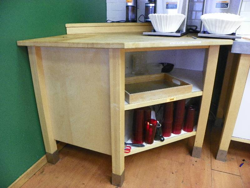 Corner work station cabinet, includes contents of lower shelves, glasses