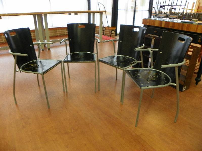 Set of 4 Chairs, wood seat and back, metal frames. Painted black