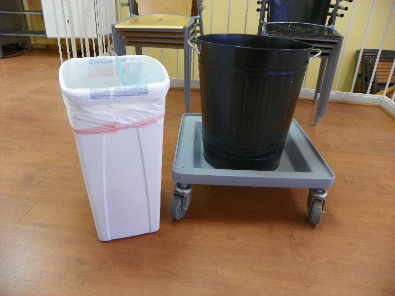 2 trash cans and flat cart with wheels