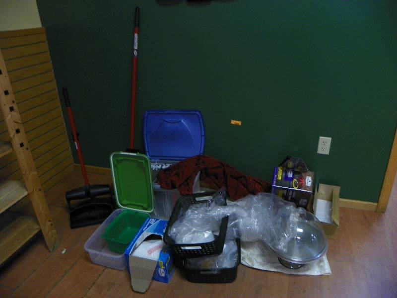 Kitchen items, misc items, dust pan, storage containers and trash bags