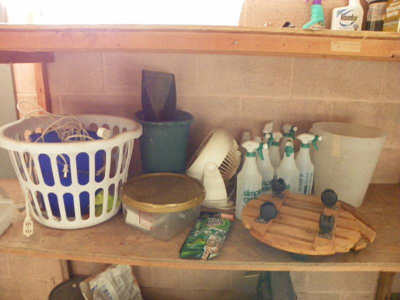 Kitchen items, misc assortment, basket, spray bottles, small fan and more