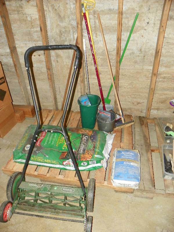 Manual push mower, potting soil, cleaning items