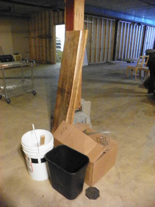 Broken table top, trash can, bucket, salt and pepper holders