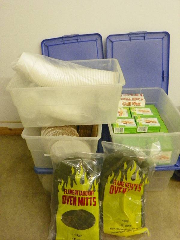 Oven Mitts, tote of cake cardboard bases, Ball Fruit Pectin