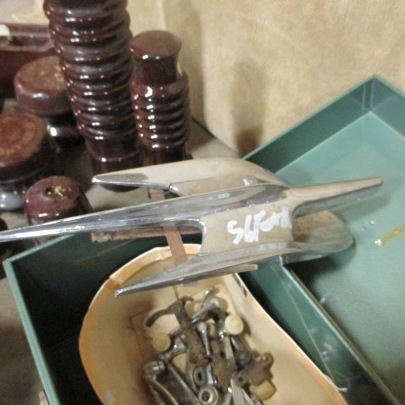 lot 27 image: Vintage Hood Ornament (2) Ammo Boxes Insulators