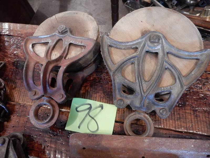 2 Wood block pulleys.. 7in diameter