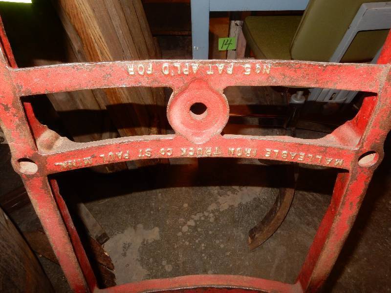 Very old, All Steel Stand up cart.   Malleable Iron Truck Co. St Paul, Minn.. No 5 Pat Apld for  (wonder if it was ever approved.. Ha)