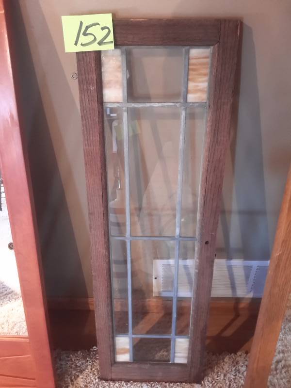 Window Frame with Leaded dividers.. FrostedStained glass in corners.  Dim 13in x 41in