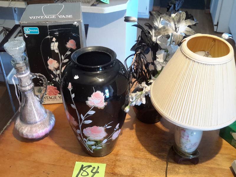 Misc. Glass item  Nice table lamp (approx 14in h) Liquor decanter Time Glass.