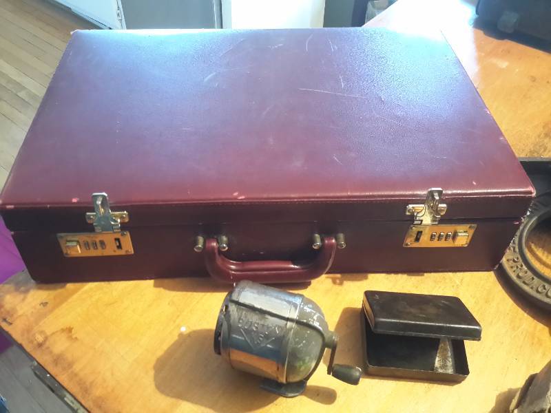 Misc. items as pictured, Including Kodak XL 10 Movie Camera Timer, Brief Case, Voltometer vintage lock (with key), Brief Case, Pencil Sharpener.  Vintage Check Filler liquid.  See closeups