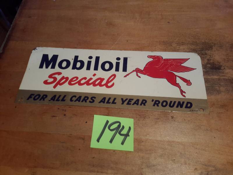 MOBILOIL SIGN two sign w gargoyle  Enamel sign . MOBILE SPECIAL sign.. Two Sided.. 18in x 7in