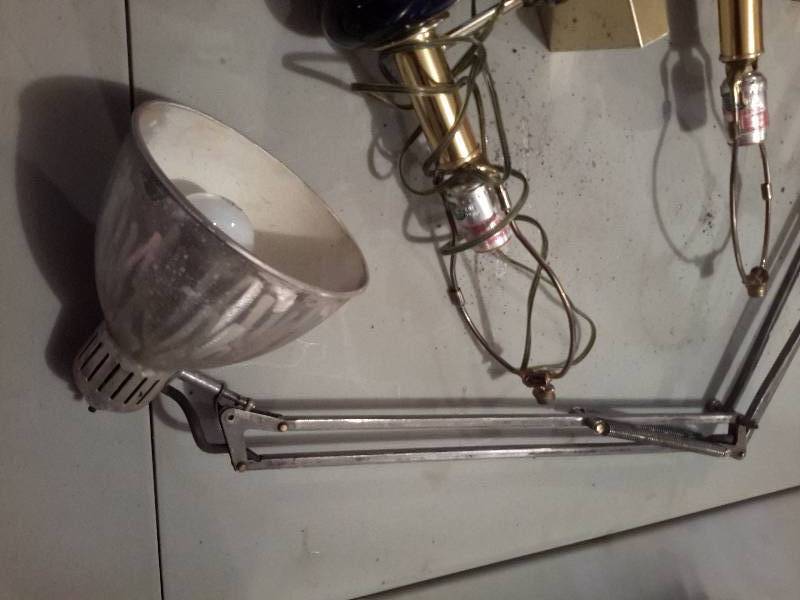 Vintage Scissor Arm Desk lamp, 2 matching Sconse lamps with hard plastic Blue and Brass like dcor