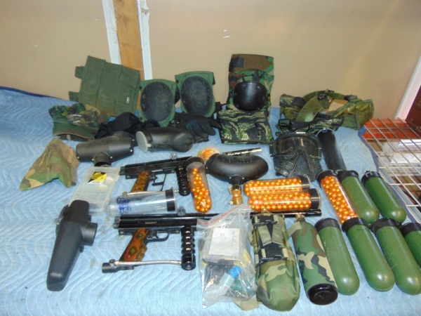 lot 105 image: Large Lot of Paint Ball Supplies with (2) Guns