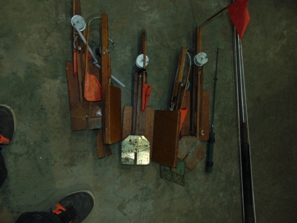 lot 70 image: (5) Vintage Tip Ups and Some Type of Harpoon