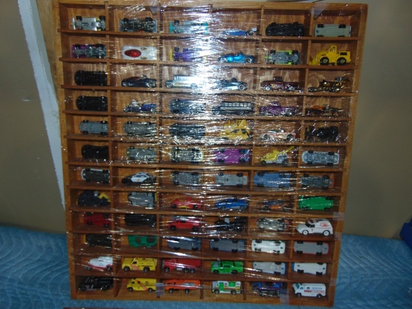 lot 54 image: (3) Handmade Die Cast Car Racks with 122 Mattel Hot Wheels Cars